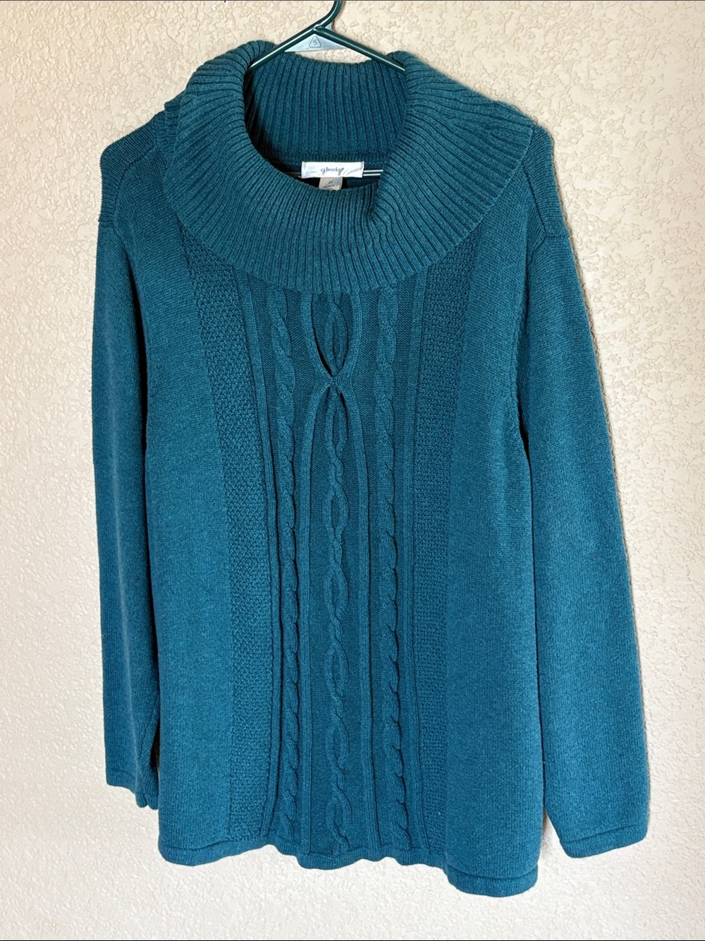 CJ Banks Teal Cable Knit Cowl Neck Sweater